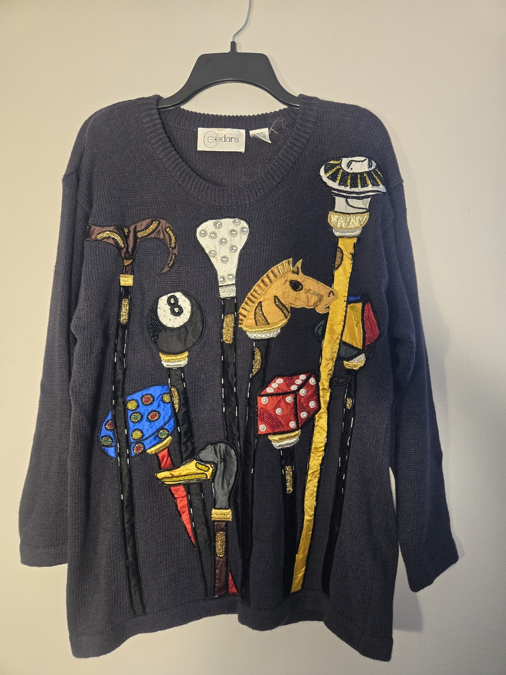 Vintage Black Embellished Cane Motif Sweater Grannycore